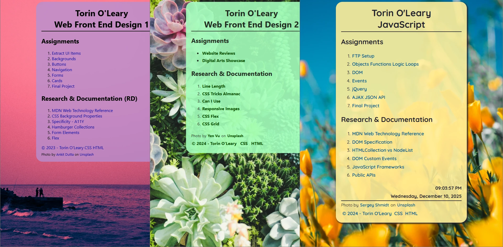 Three screenshots of my class pages