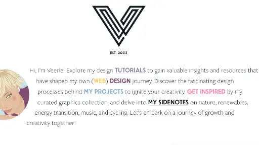 Veerle's introduction paragraph containing links to different pages of her site